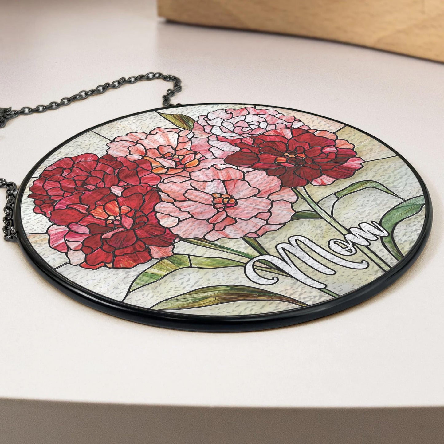 Handmade Custom Name Carnation Suncatcher | Birth Flower Gift | Wooden Peak