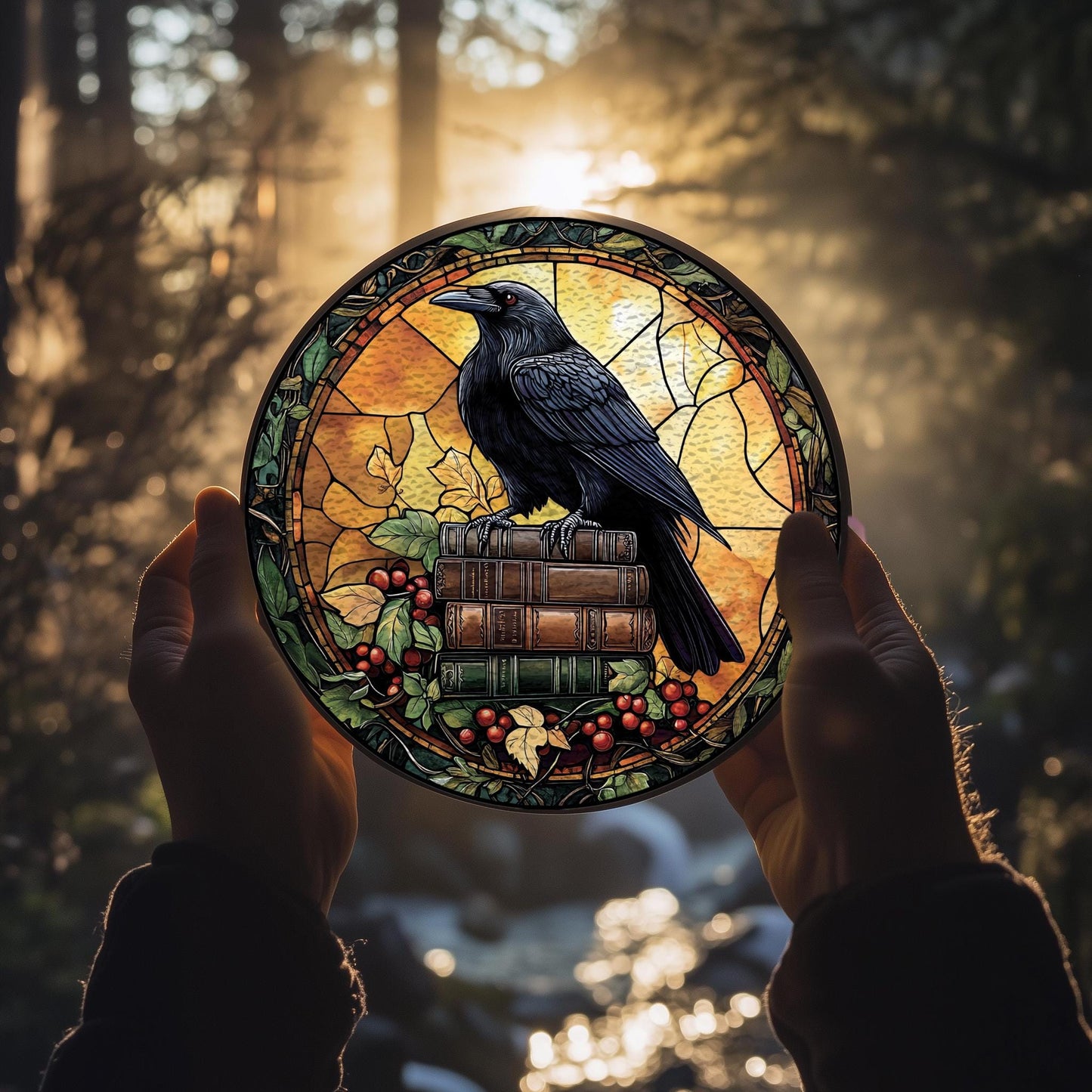 Handmade Raven Book Suncatcher | Gothic Academia Decor | Wooden Peak