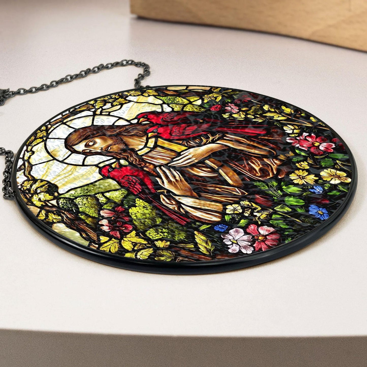 Handmade Jesus Cardinals Suncatcher | Spiritual Nature Decor | Wooden Peak
