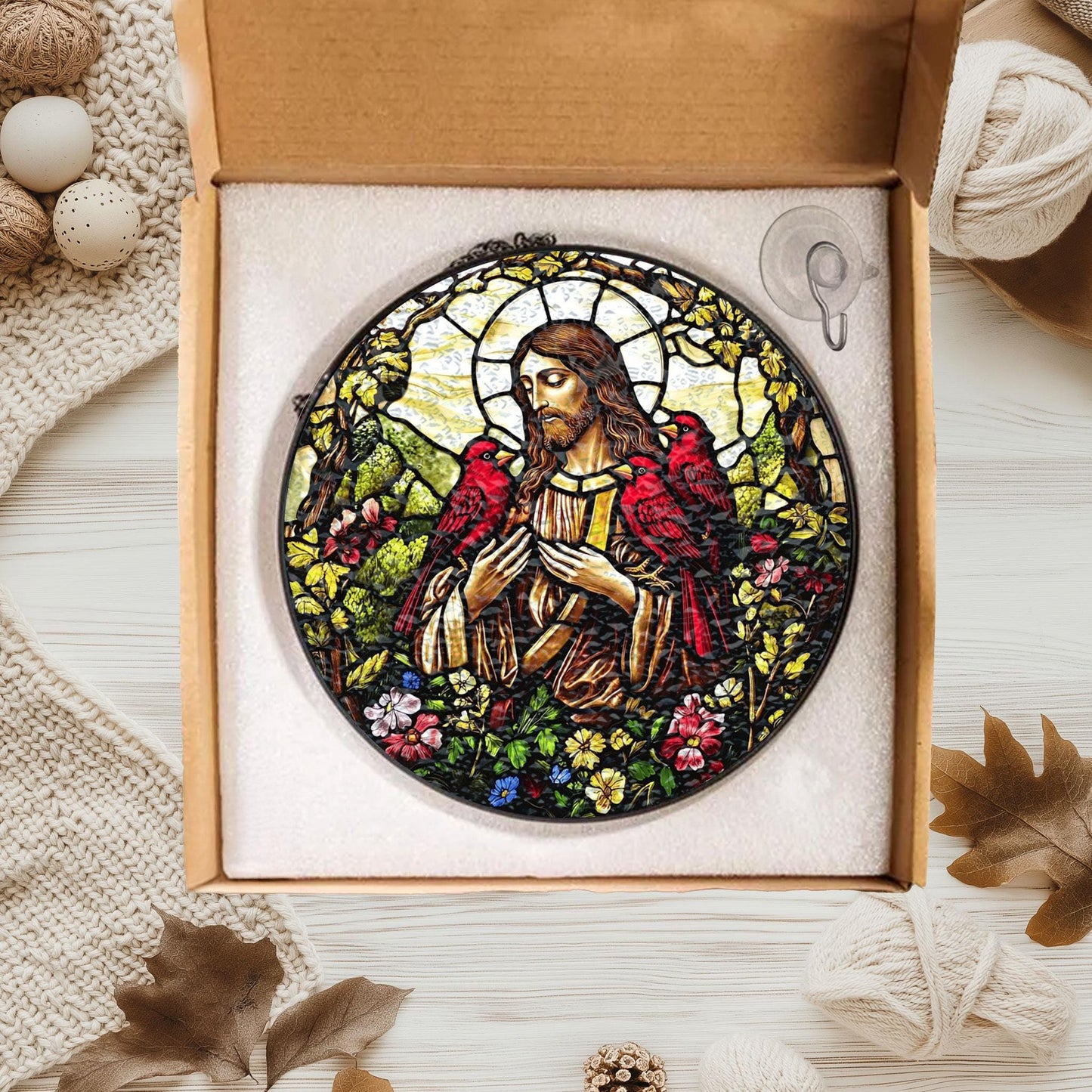 Handmade Jesus Cardinals Suncatcher | Spiritual Nature Decor | Wooden Peak