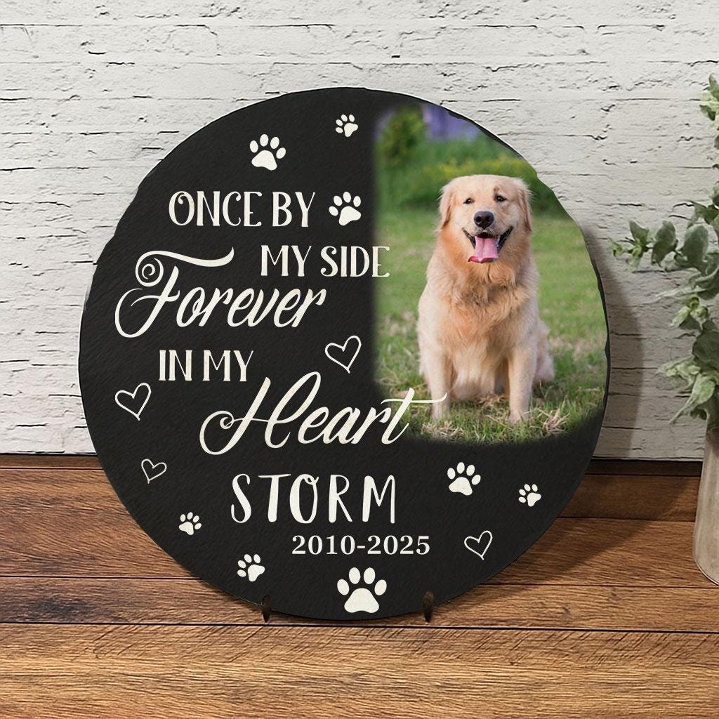 Handmade Pet Memorial Stone | Custom Photo Grave Marker | Wooden Peak