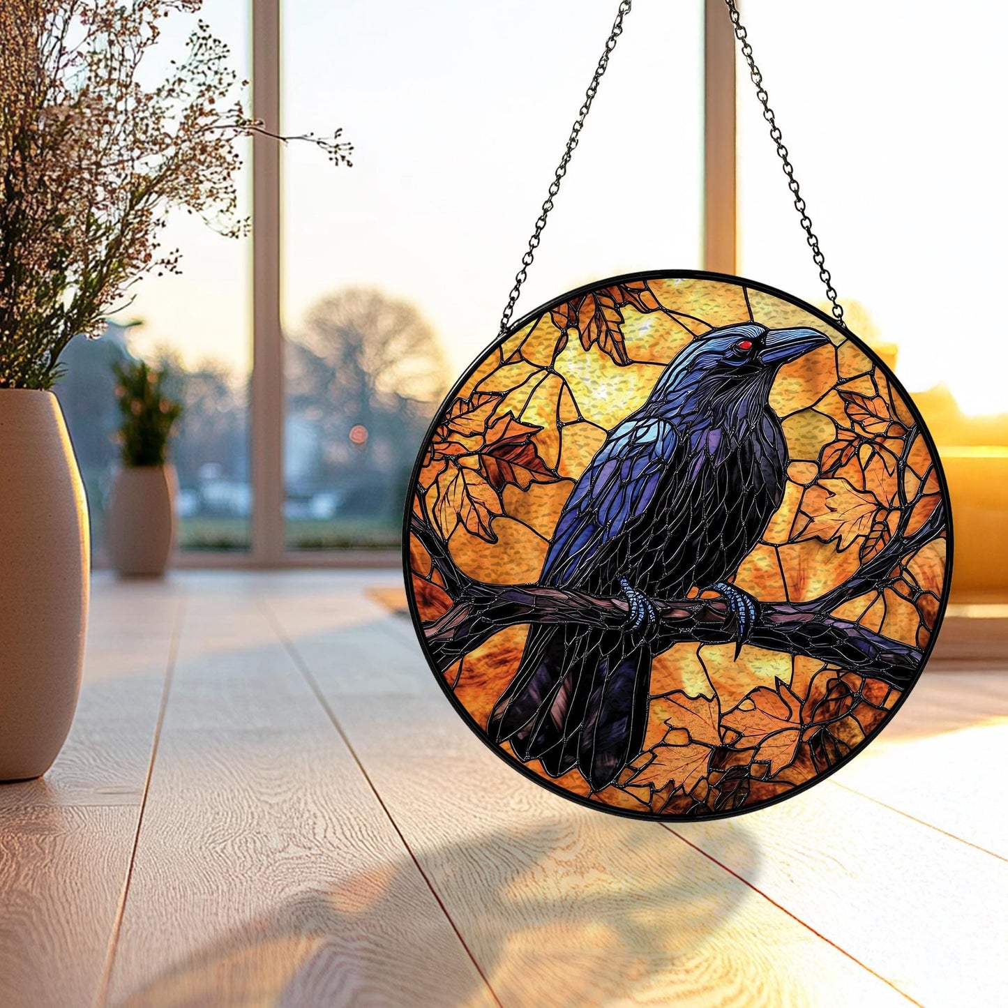 Handmade Black Raven Suncatcher | Gothic Window Art | Wooden Peak