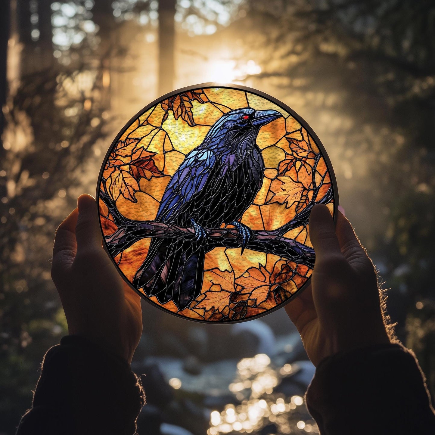 Handmade Black Raven Suncatcher | Gothic Window Art | Wooden Peak