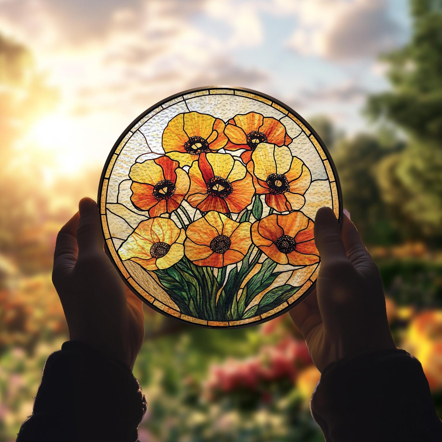 Handmade California Poppy Suncatcher | Botanical Window Art | Wooden Peak