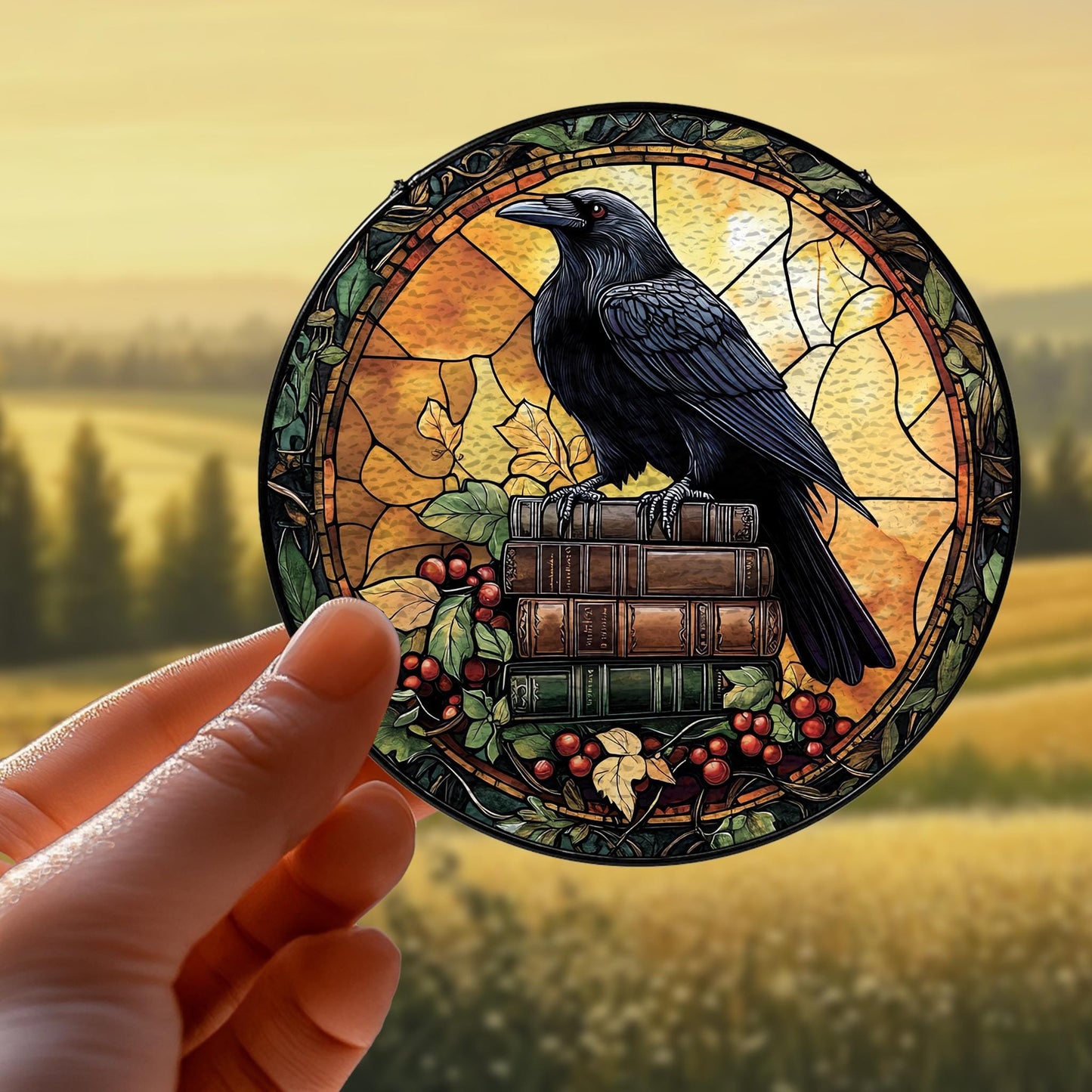 Handmade Raven Book Suncatcher | Gothic Academia Decor | Wooden Peak