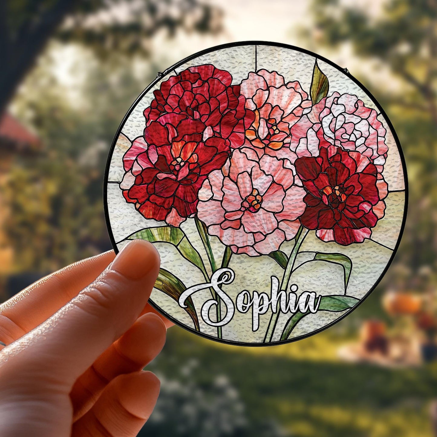 Handmade Custom Name Carnation Suncatcher | Birth Flower Gift | Wooden Peak