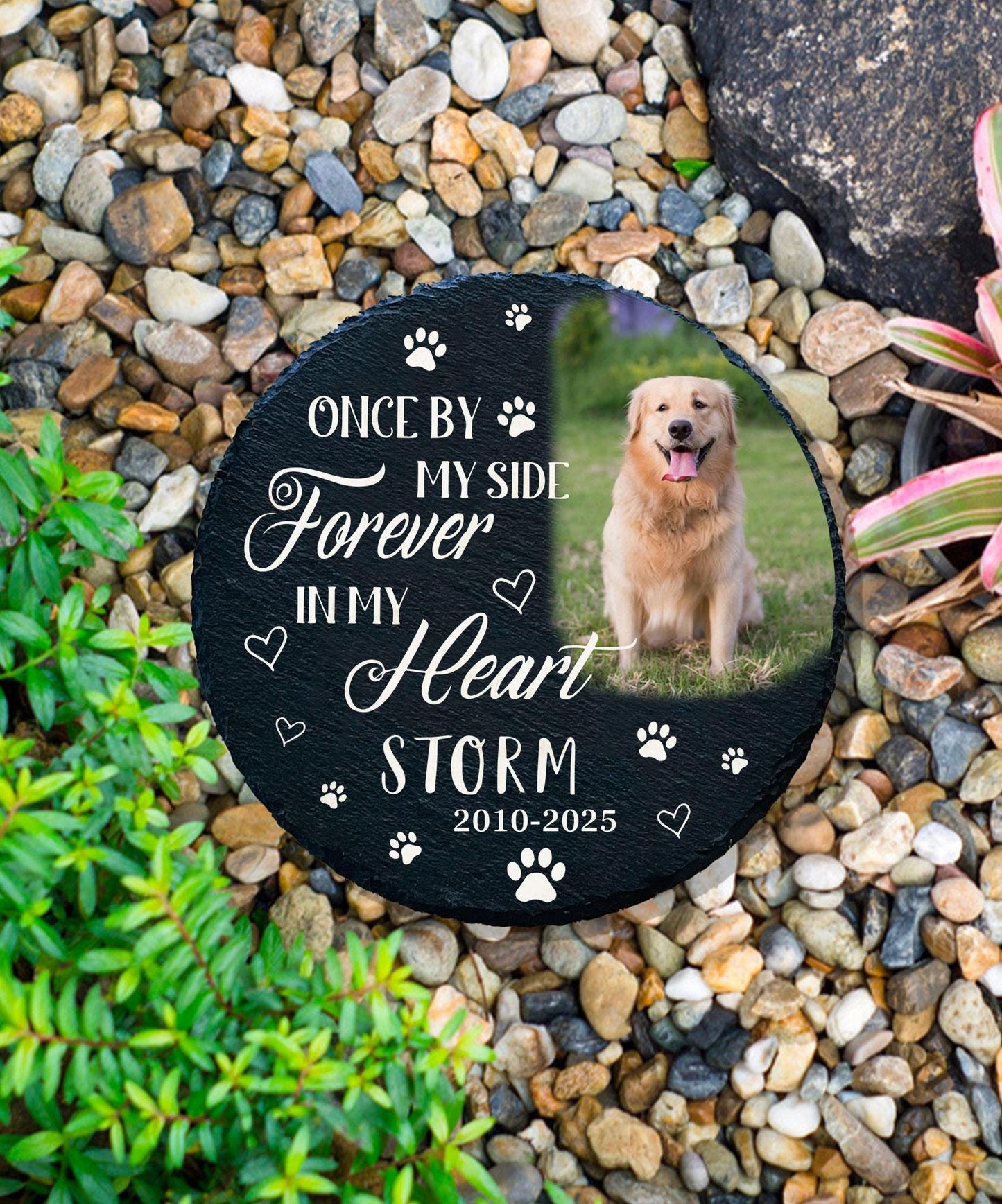 Handmade Pet Memorial Stone | Custom Photo Grave Marker | Wooden Peak