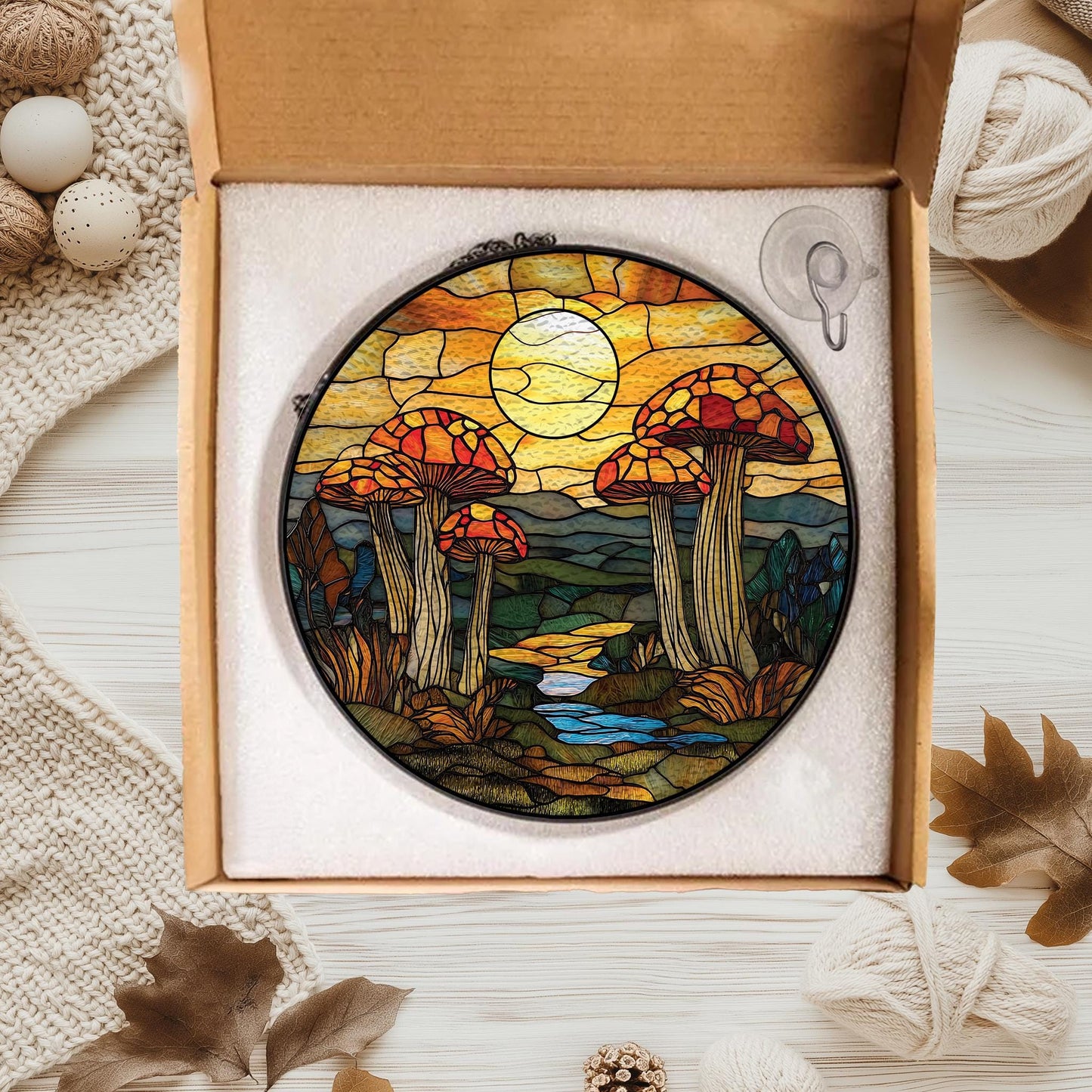 Handmade Sunset Forest Mushroom Suncatcher | Wooden Peak
