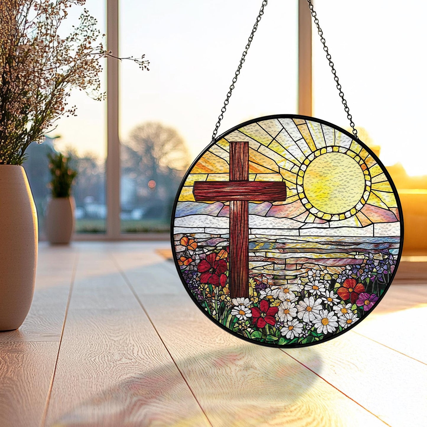 Handmade Cross Sunset Wildflower Suncatcher | Christian Art | Wooden Peak