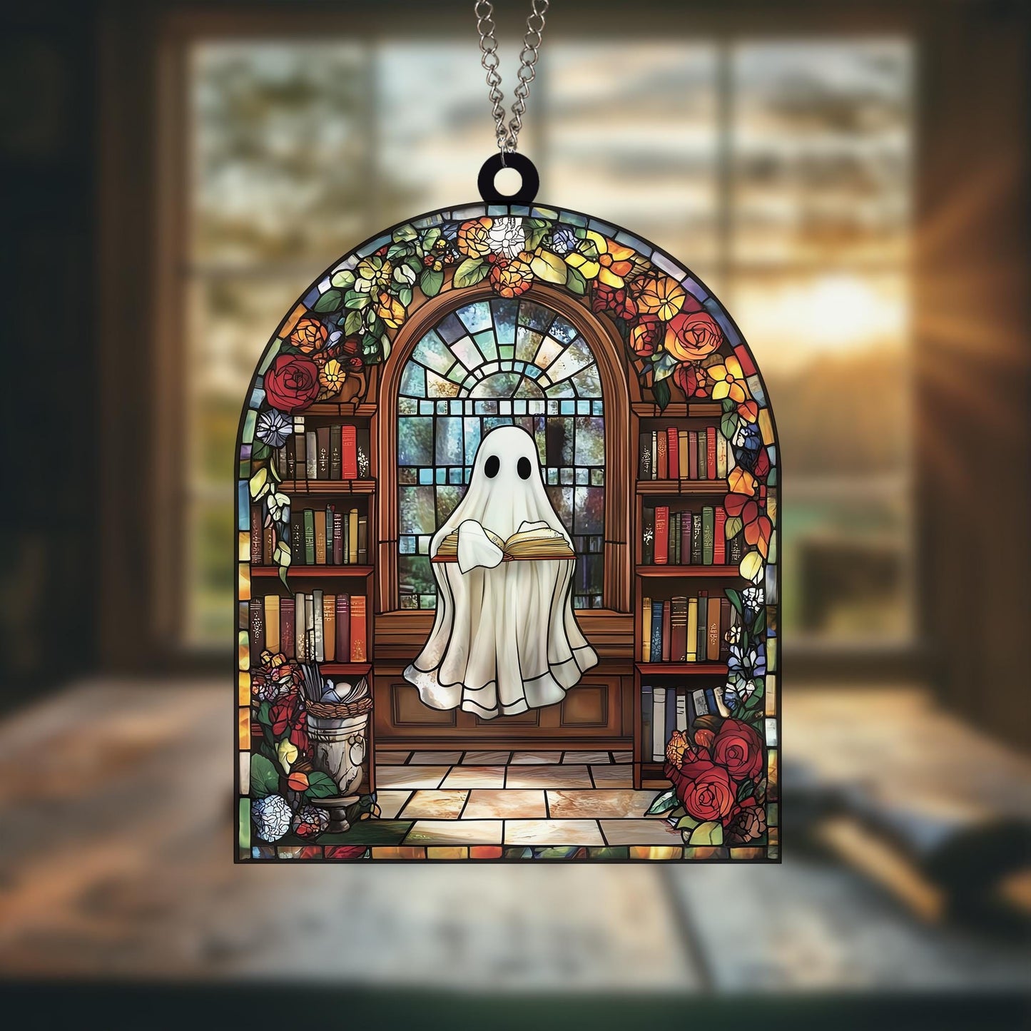Handmade Ghost Reading Books Suncatcher | Wooden Peak