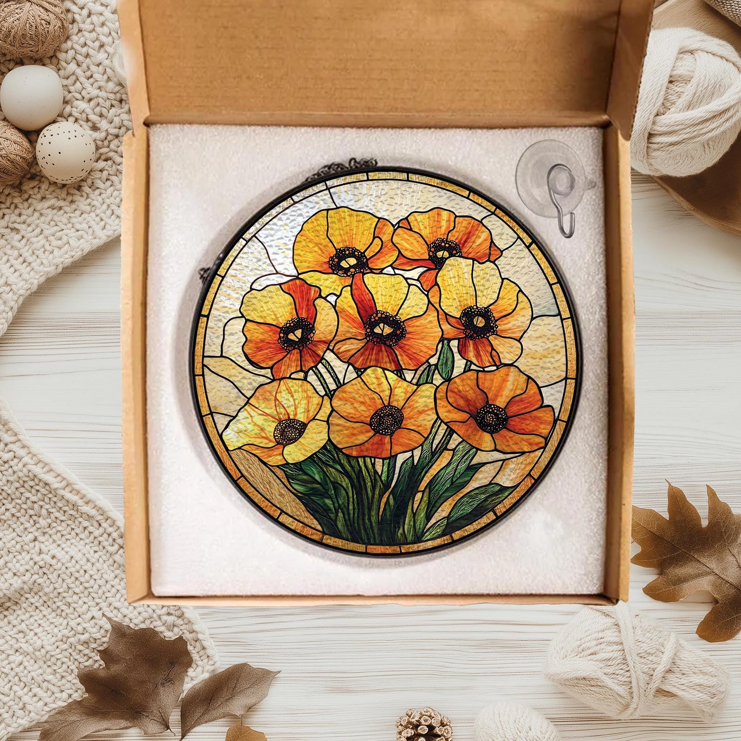 Handmade California Poppy Suncatcher | Botanical Window Art | Wooden Peak