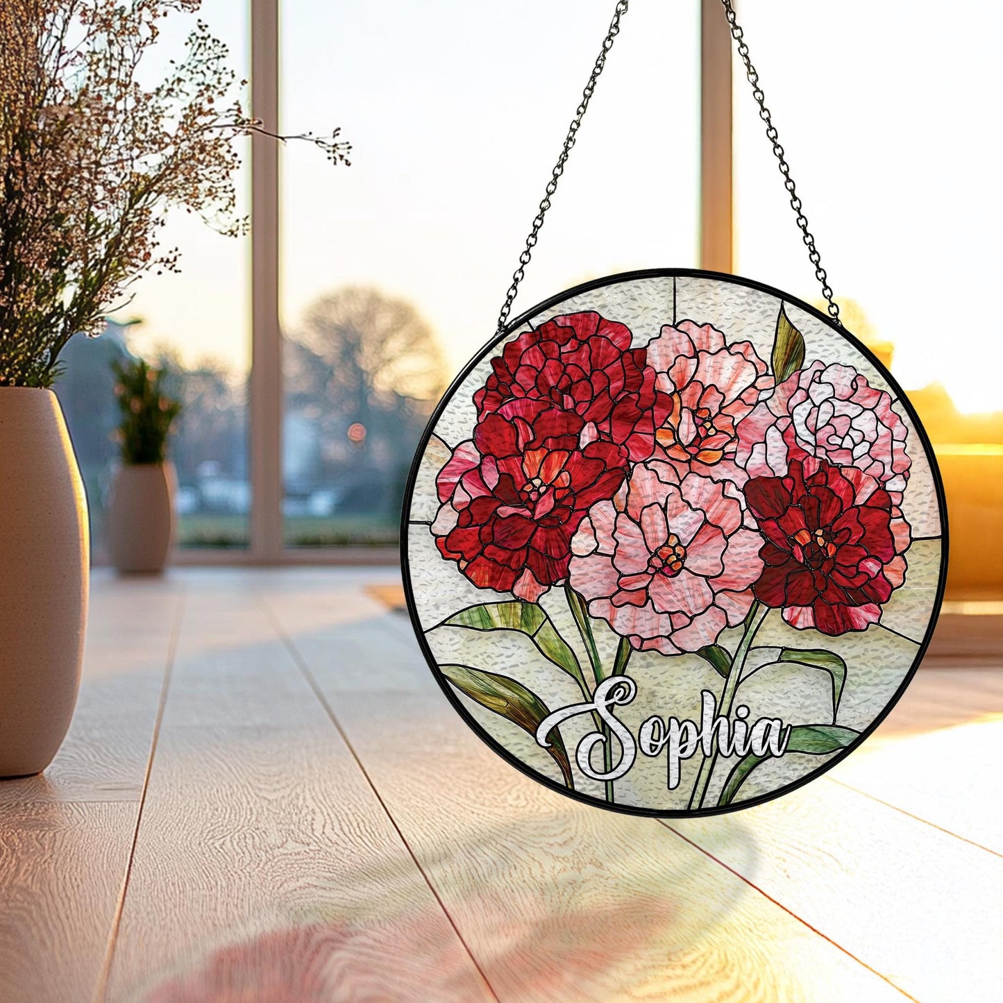 Handmade Custom Name Carnation Suncatcher | Birth Flower Gift | Wooden Peak