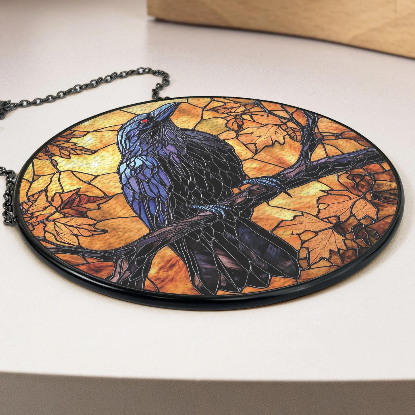 Handmade Black Raven Suncatcher | Gothic Window Art | Wooden Peak