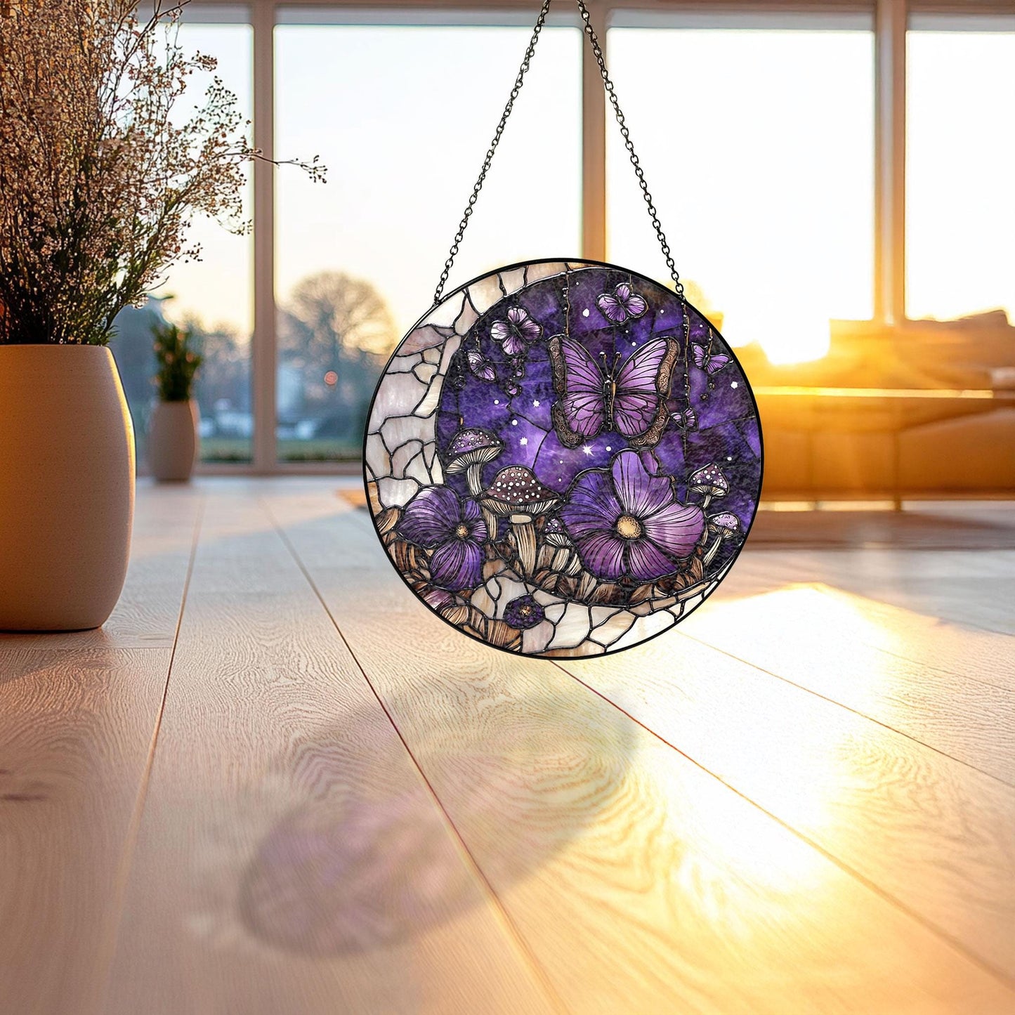 Handmade Mushroom Butterfly Suncatcher | Whimsical Nature Decor | Wooden Peak