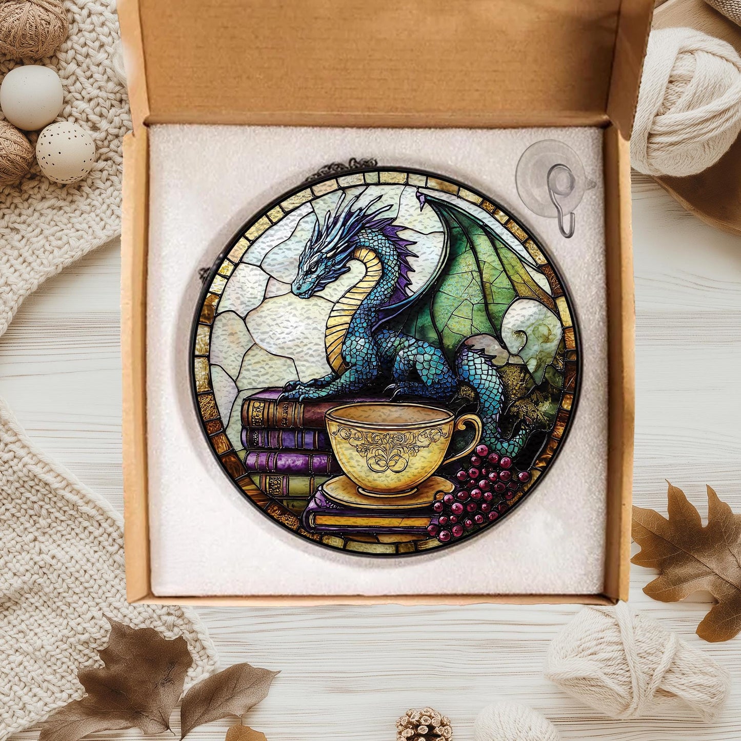 Handmade Fantasy Dragon Suncatcher | Mystical Window Art | Wooden Peak