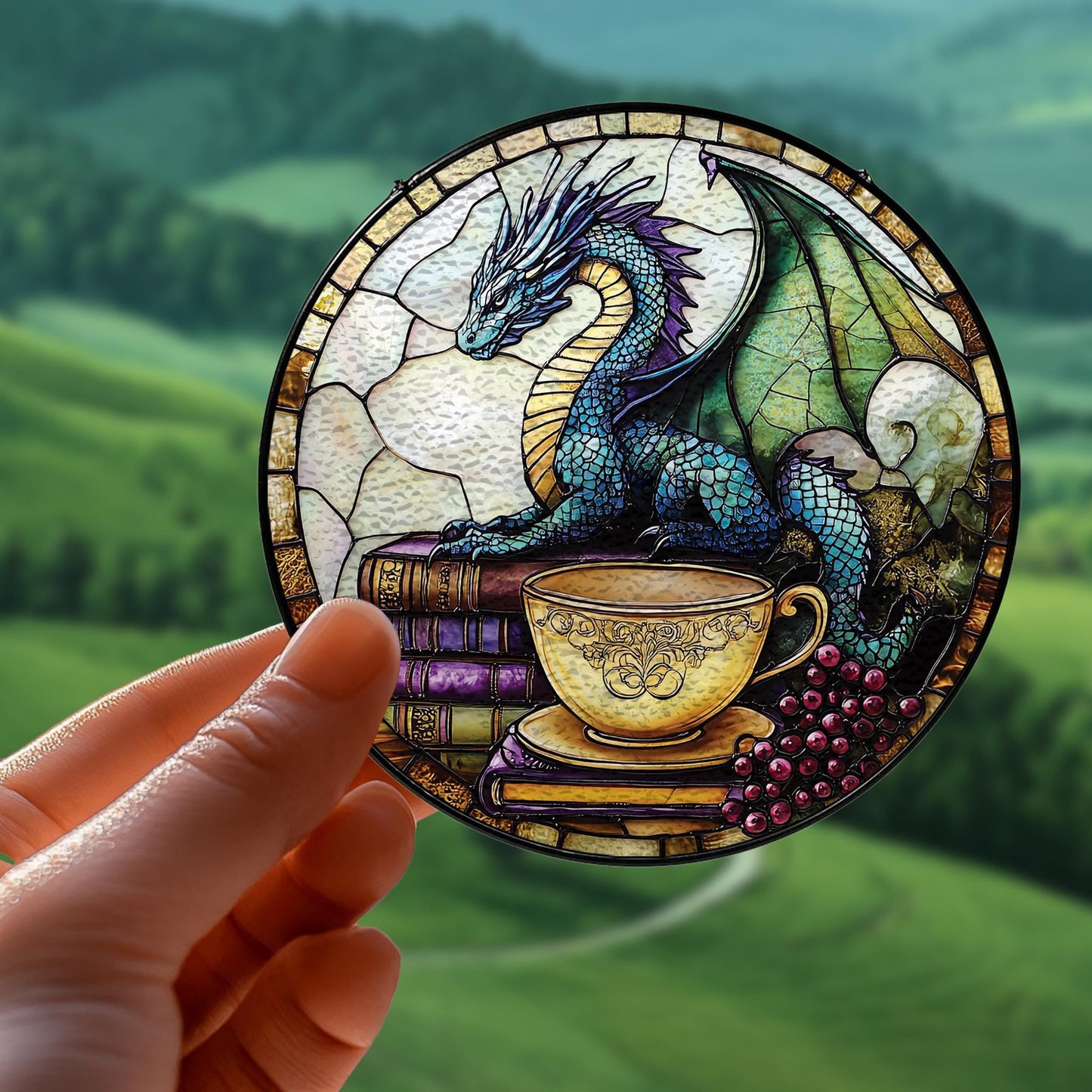 Handmade Fantasy Dragon Suncatcher | Mystical Window Art | Wooden Peak