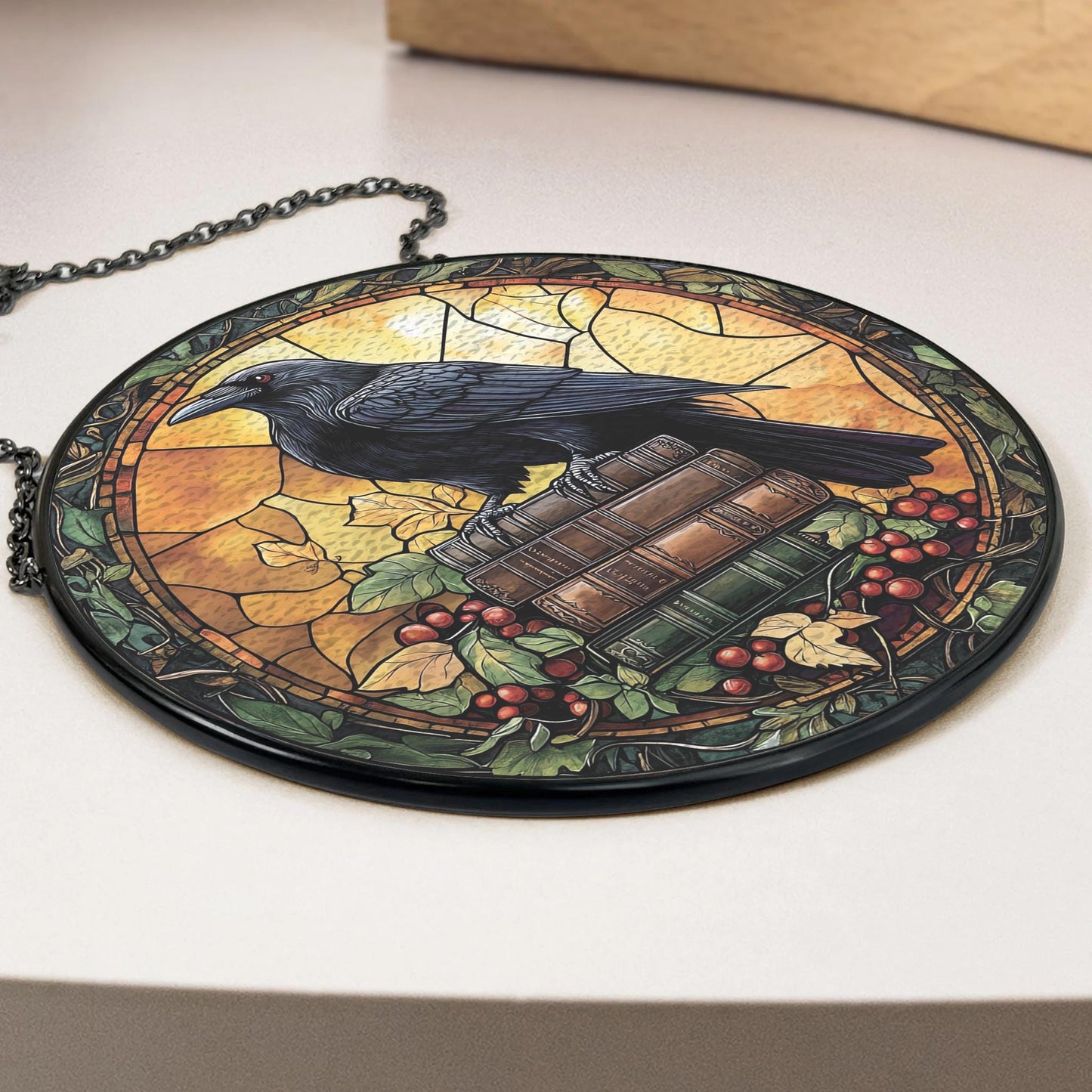 Handmade Raven Book Suncatcher | Gothic Academia Decor | Wooden Peak