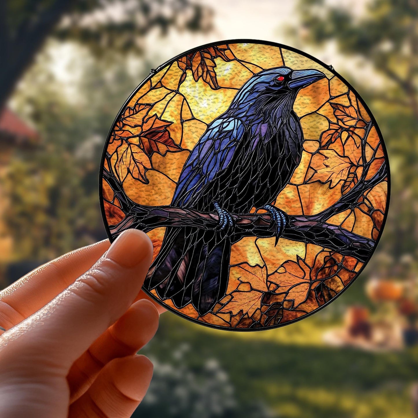 Handmade Black Raven Suncatcher | Gothic Window Art | Wooden Peak