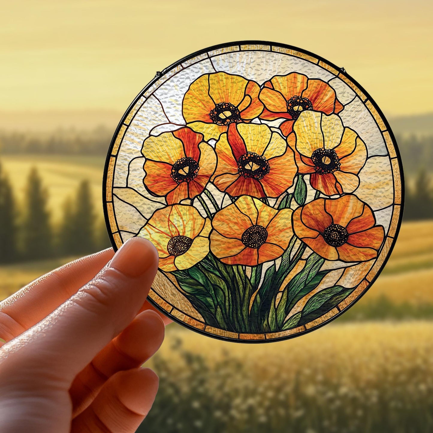 Handmade California Poppy Suncatcher | Botanical Window Art | Wooden Peak