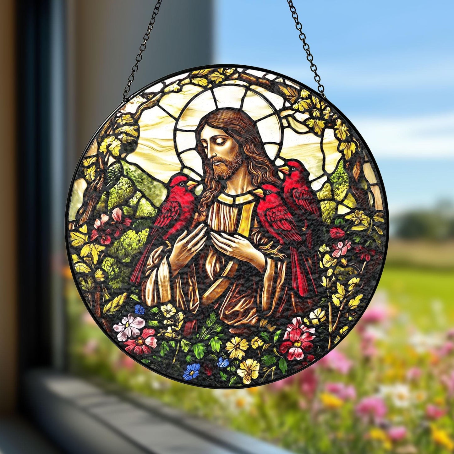 Handmade Jesus Cardinals Suncatcher | Spiritual Nature Decor | Wooden Peak