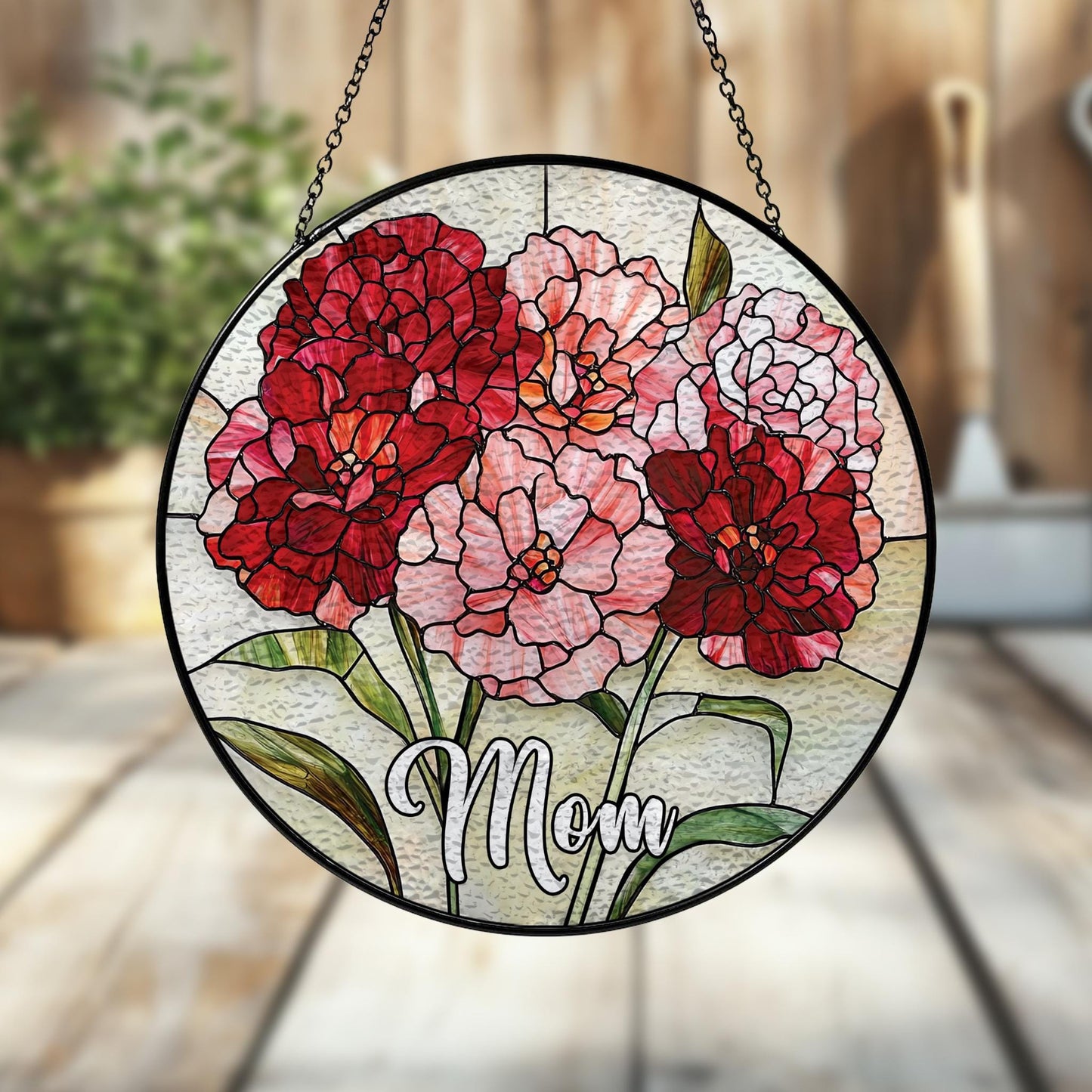 Handmade Custom Name Carnation Suncatcher | Birth Flower Gift | Wooden Peak