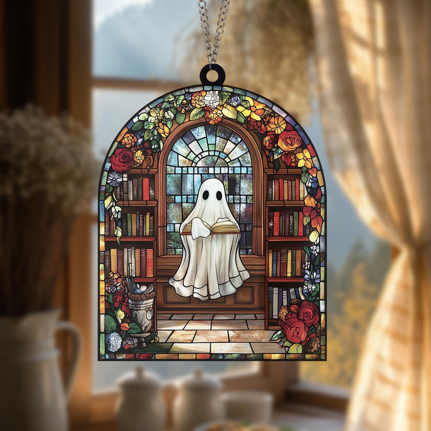 Handmade Ghost Reading Books Suncatcher | Wooden Peak