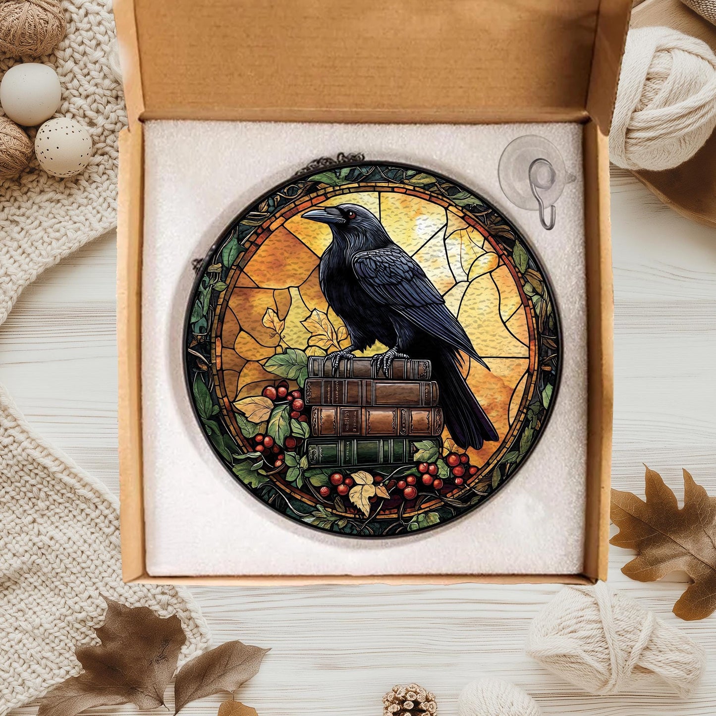Handmade Raven Book Suncatcher | Gothic Academia Decor | Wooden Peak