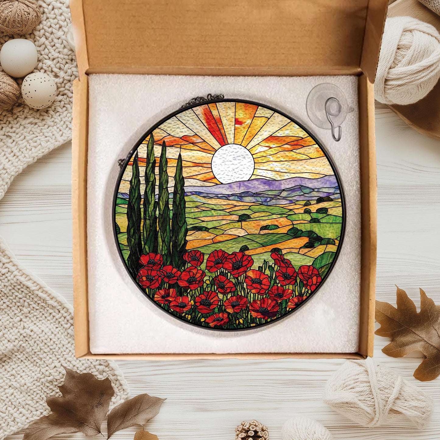 Handmade Poppy Field Suncatcher | Memorial Floral Decor | Wooden Peak