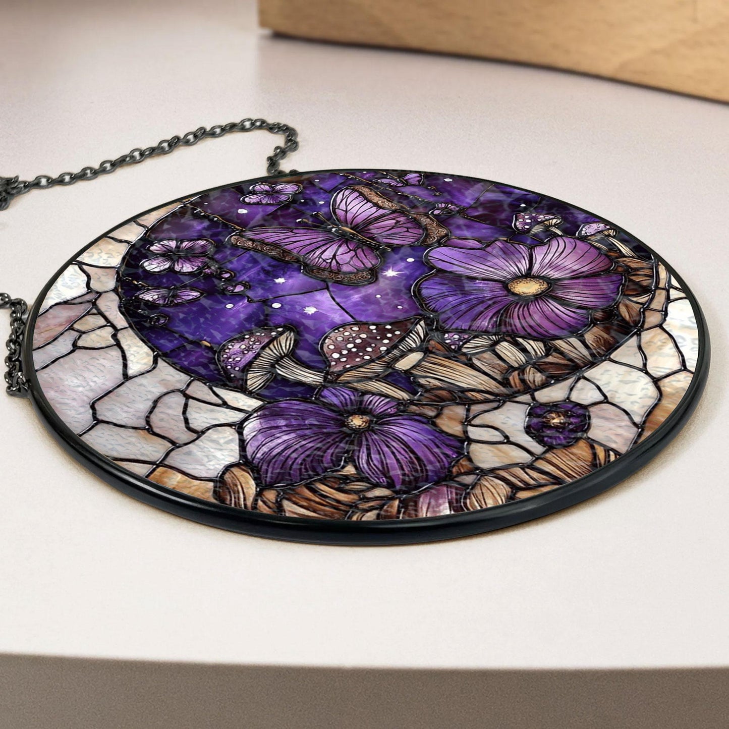 Handmade Mushroom Butterfly Suncatcher | Whimsical Nature Decor | Wooden Peak