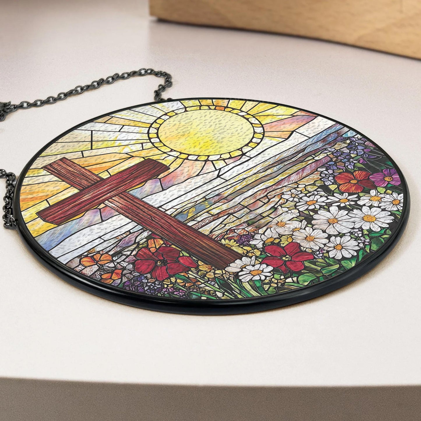 Handmade Cross Sunset Wildflower Suncatcher | Christian Art | Wooden Peak