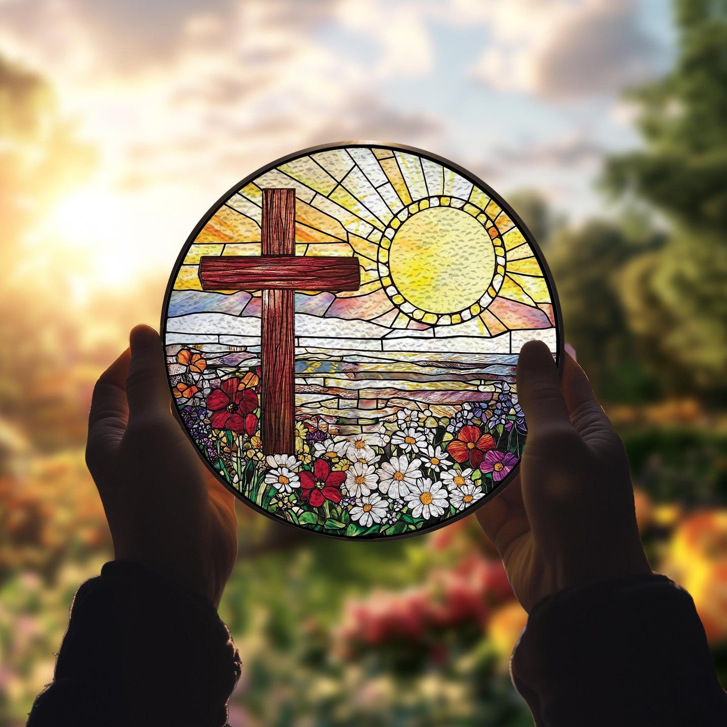Handmade Cross Sunset Wildflower Suncatcher | Christian Art | Wooden Peak