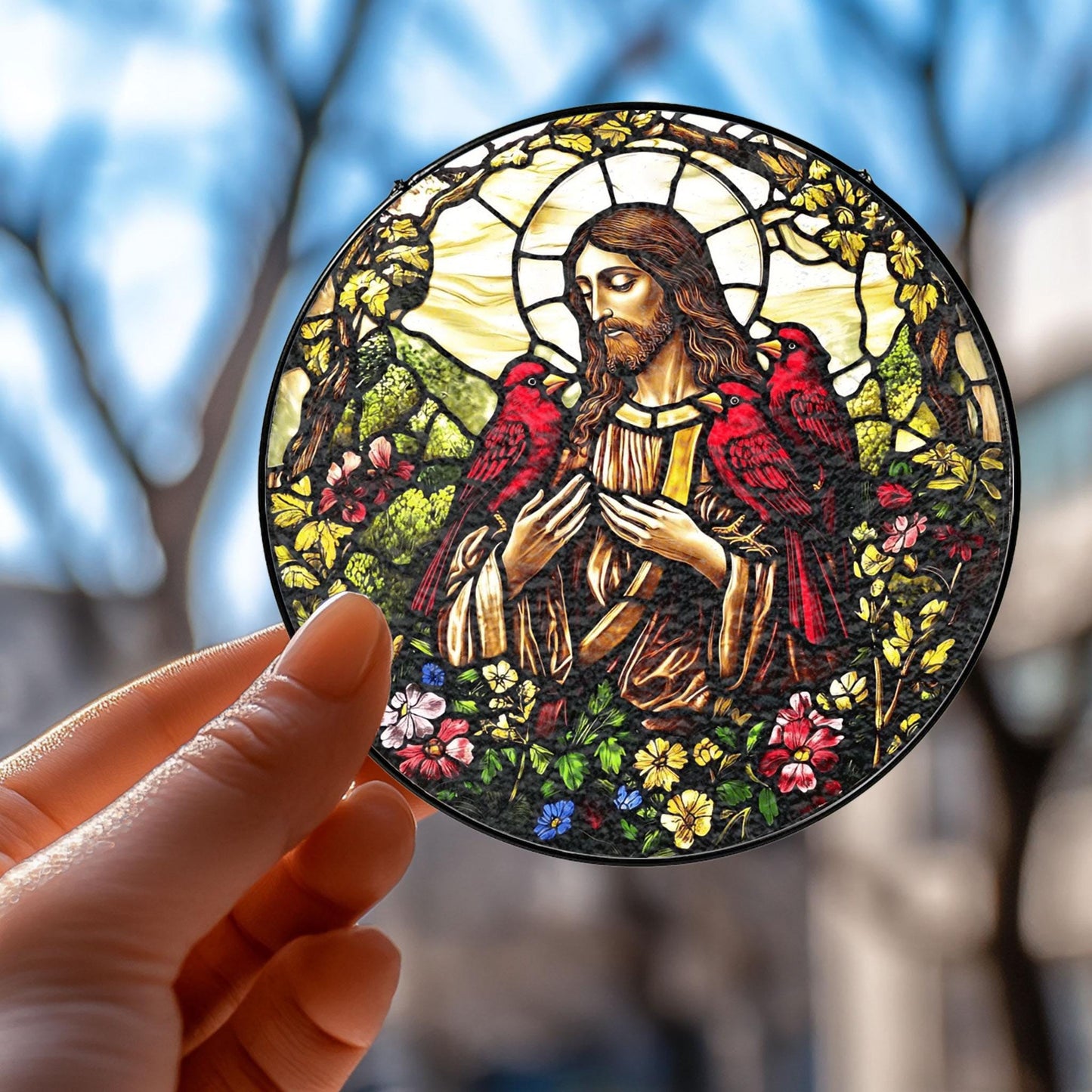 Handmade Jesus Cardinals Suncatcher | Spiritual Nature Decor | Wooden Peak