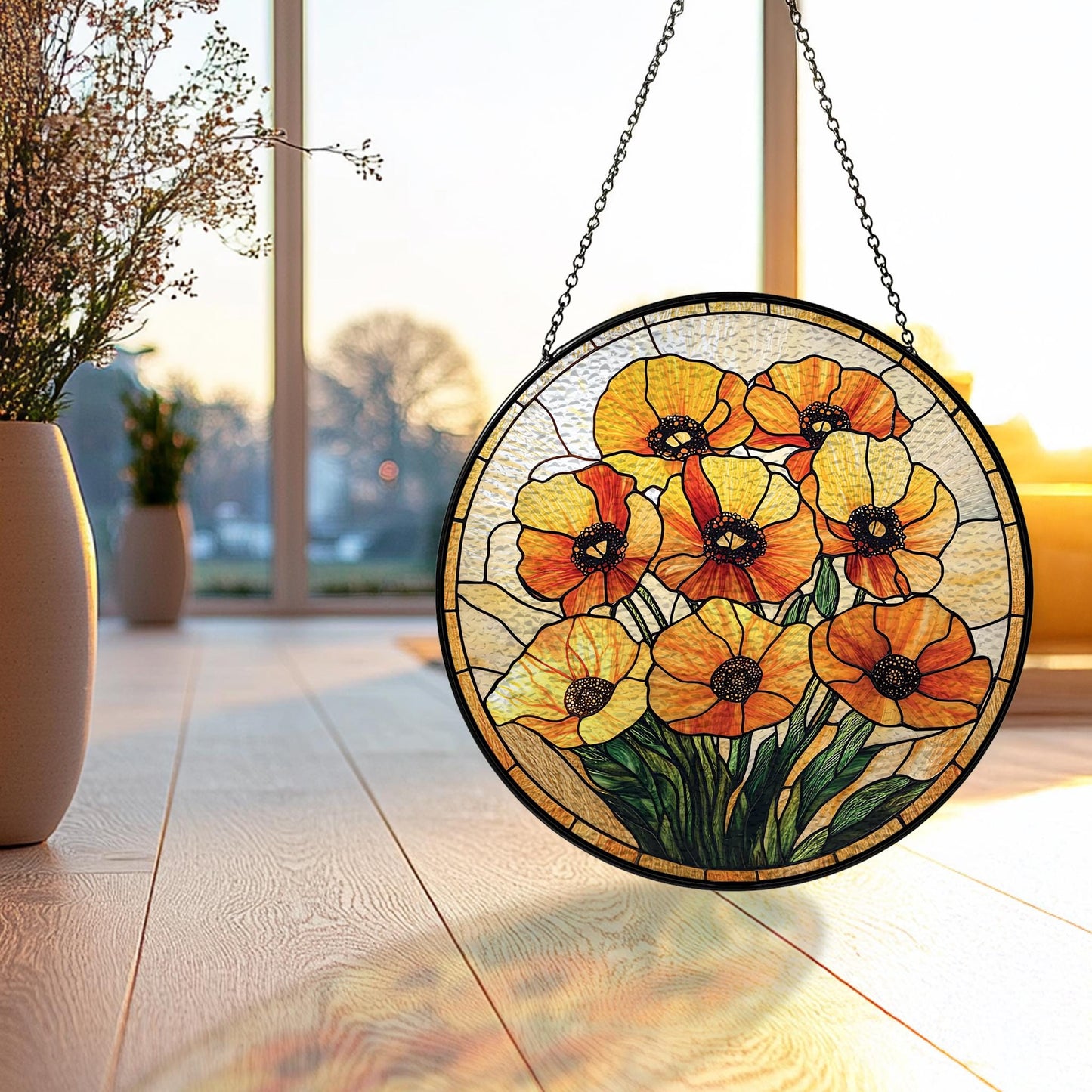 Handmade California Poppy Suncatcher | Botanical Window Art | Wooden Peak