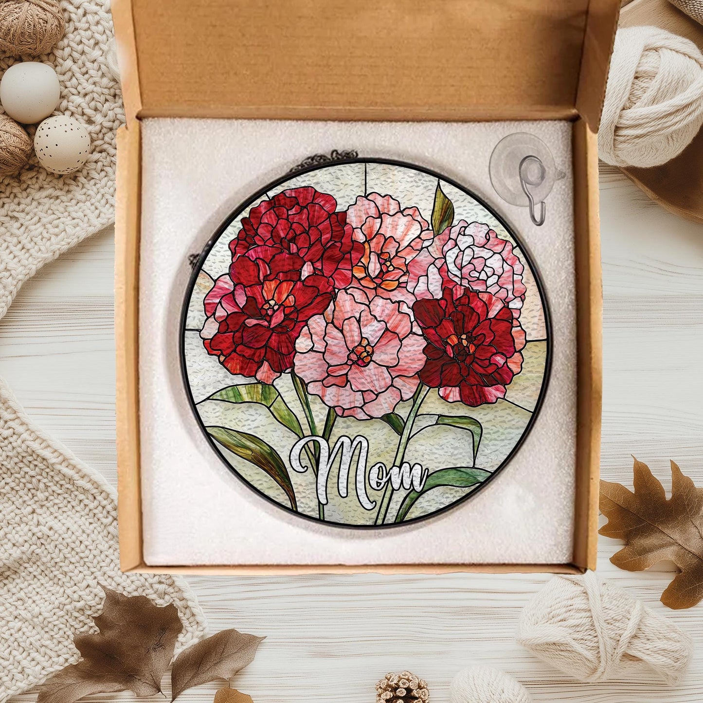 Handmade Custom Name Carnation Suncatcher | Birth Flower Gift | Wooden Peak