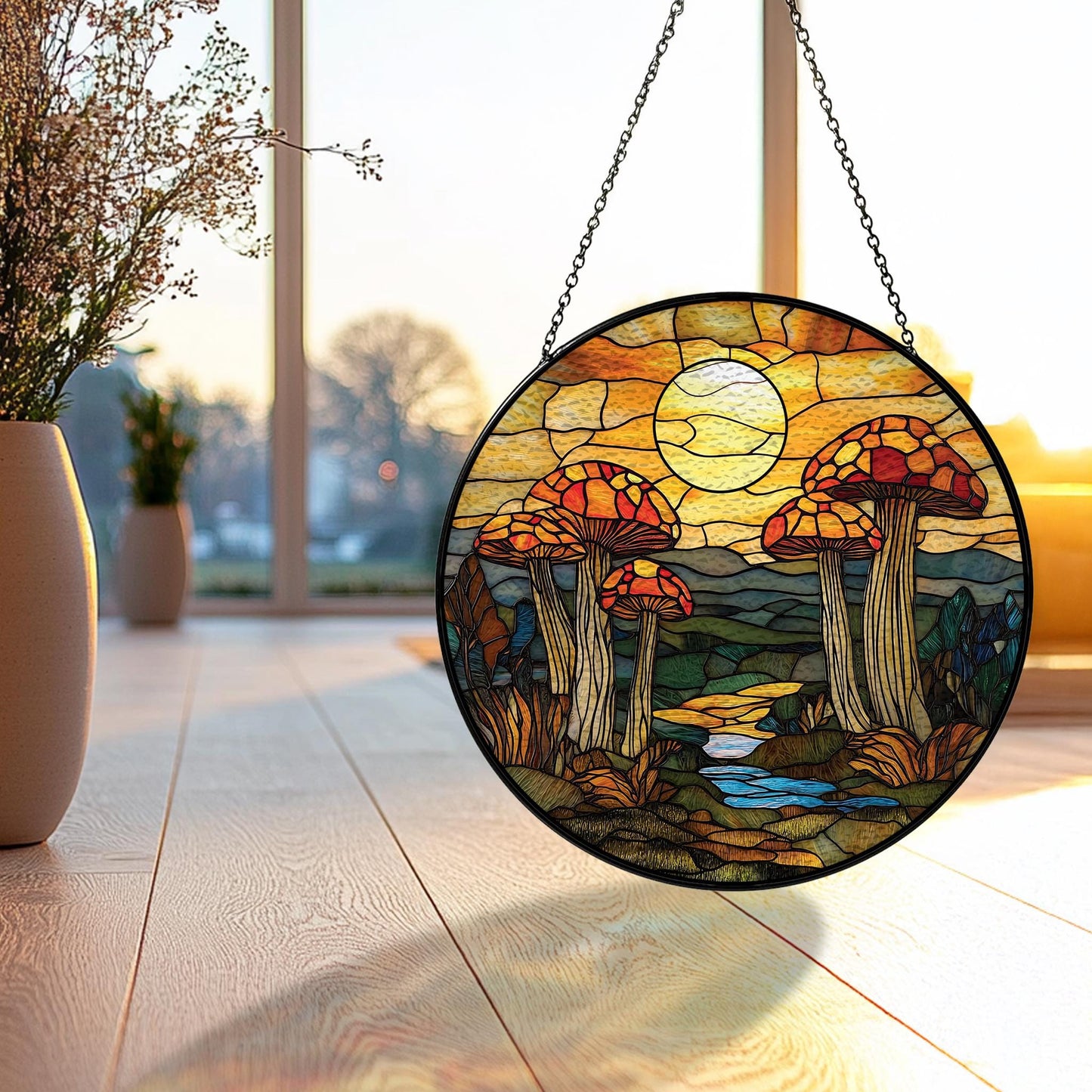 Handmade Sunset Forest Mushroom Suncatcher | Wooden Peak
