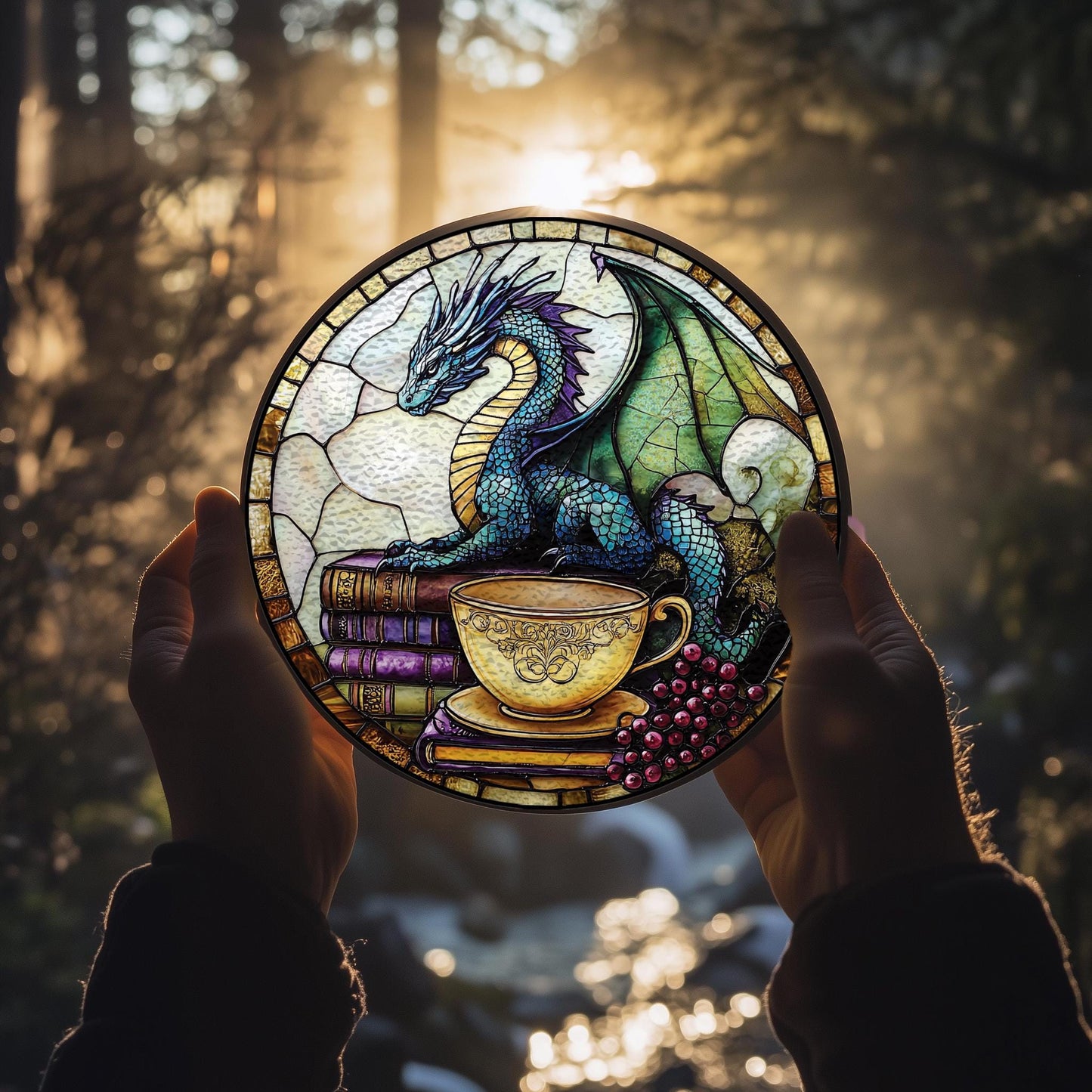 Handmade Fantasy Dragon Suncatcher | Mystical Window Art | Wooden Peak