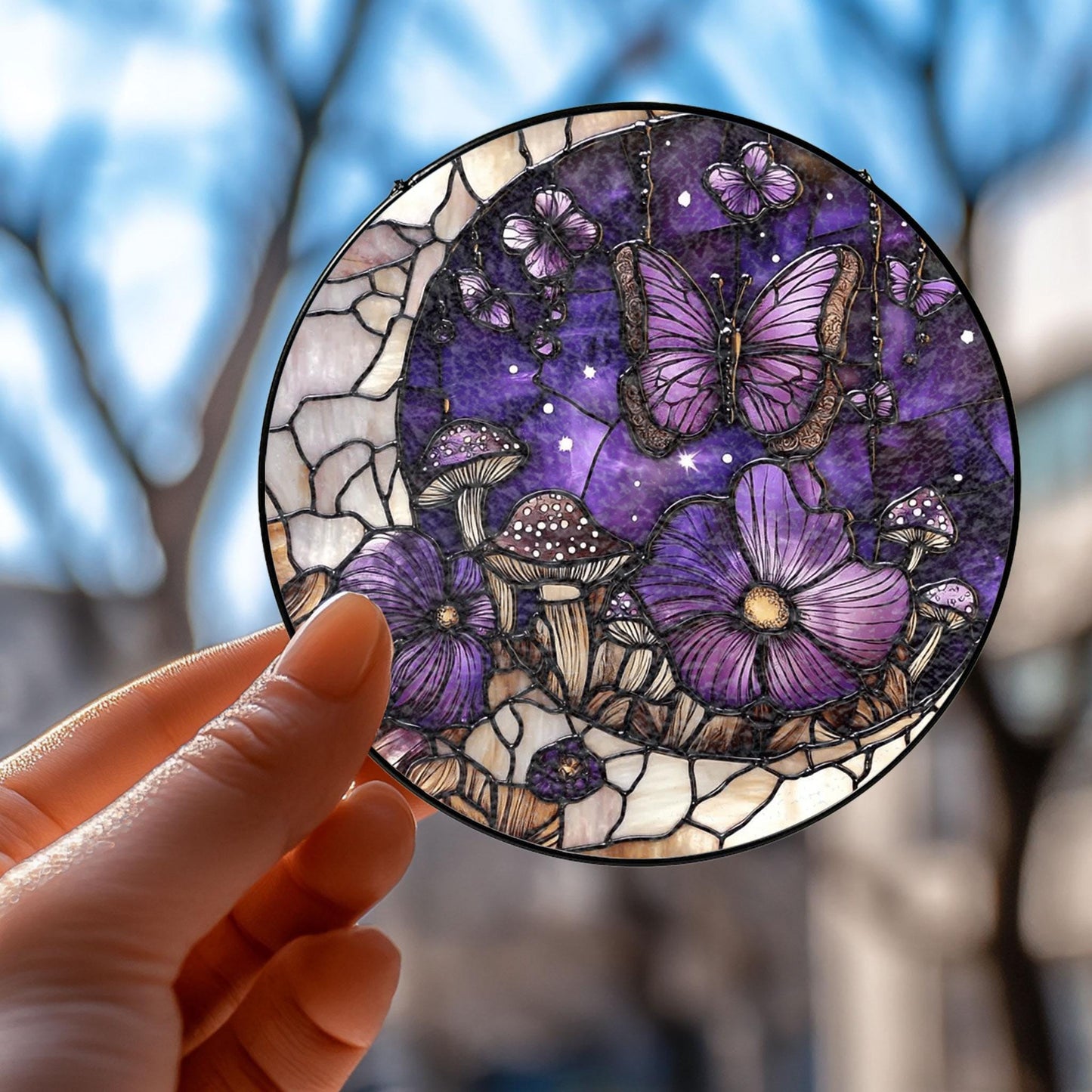 Handmade Mushroom Butterfly Suncatcher | Whimsical Nature Decor | Wooden Peak