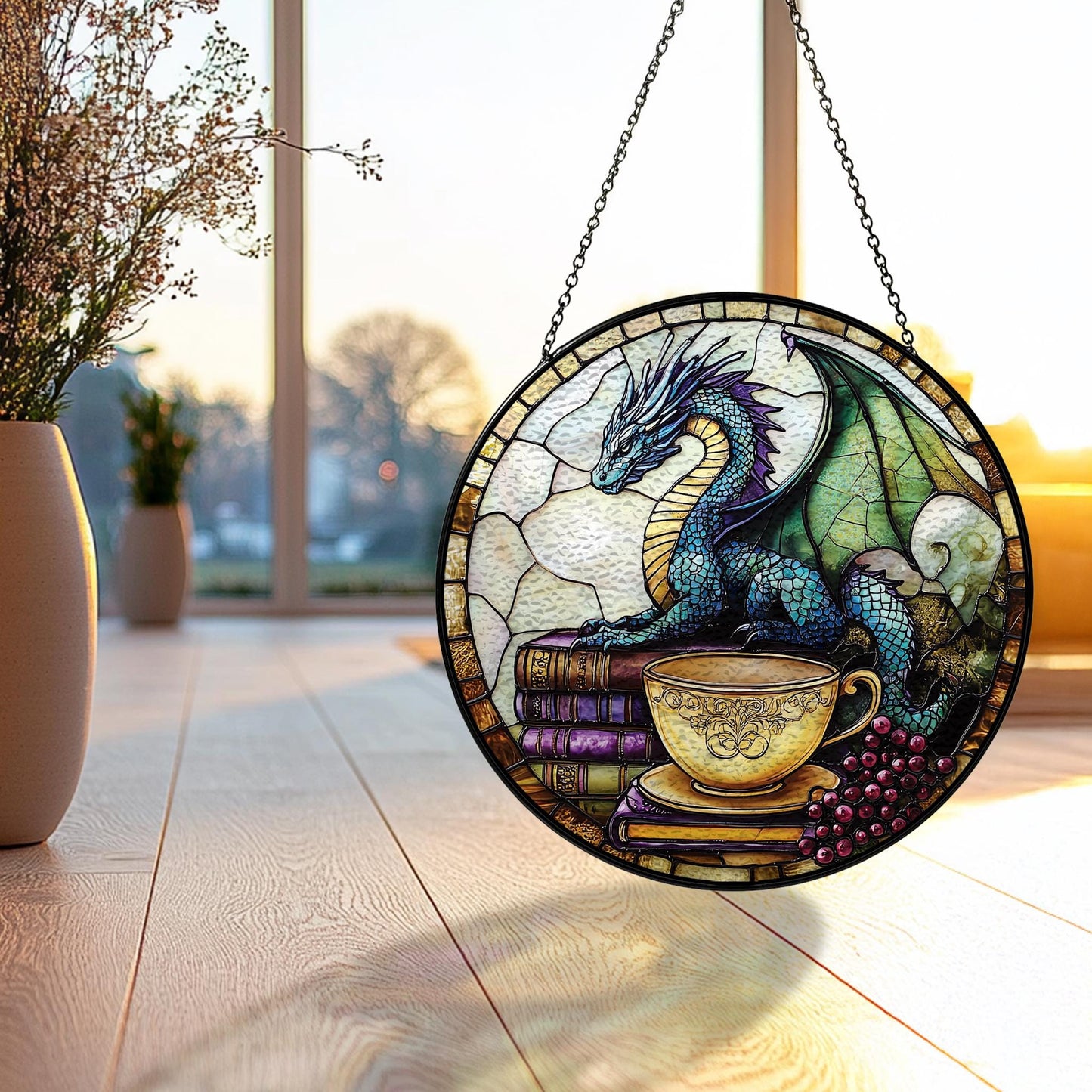 Handmade Fantasy Dragon Suncatcher | Mystical Window Art | Wooden Peak