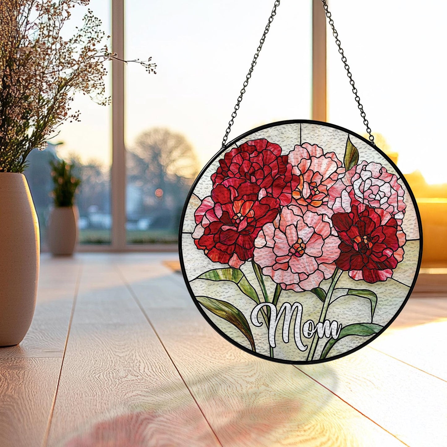 Handmade Custom Name Carnation Suncatcher | Birth Flower Gift | Wooden Peak