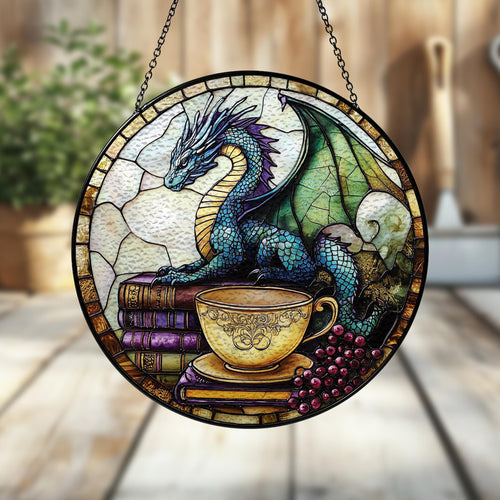 Handmade Fantasy Dragon Suncatcher | Mystical Window Art | Wooden Peak