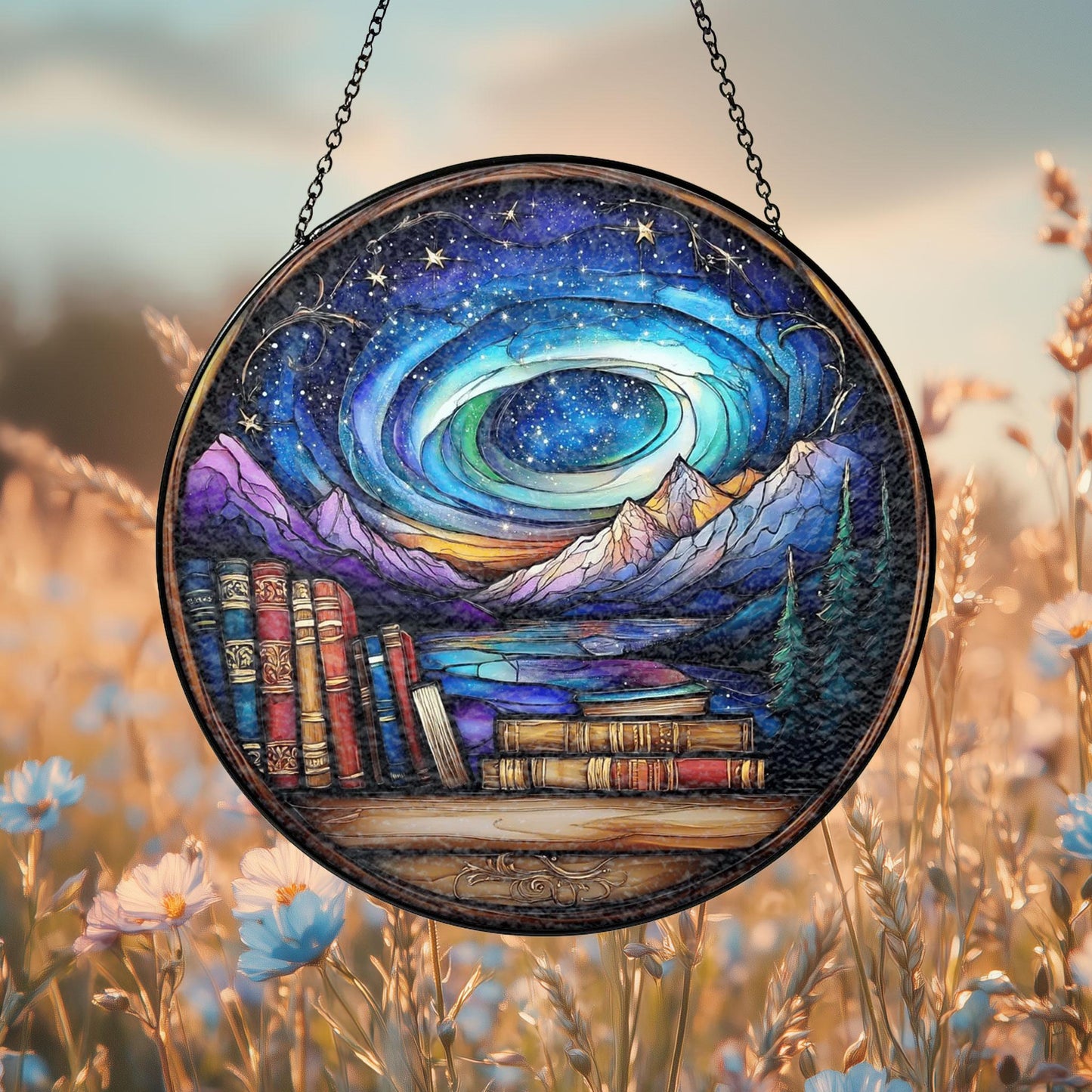 Handmade Night Court Suncatcher | Galaxy Bookshelf Decor | Wooden Peak