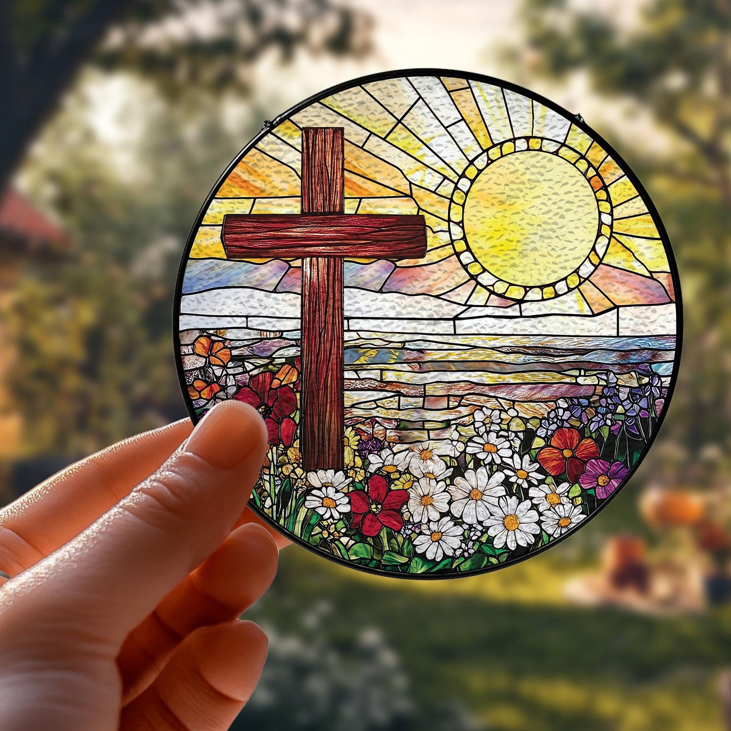 Handmade Cross Sunset Wildflower Suncatcher | Christian Art | Wooden Peak