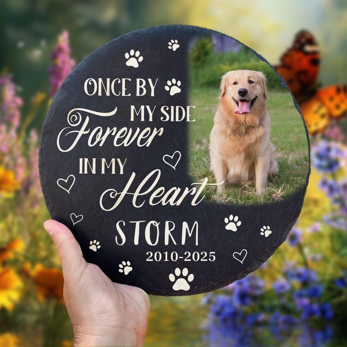 Handmade Pet Memorial Stone | Custom Photo Grave Marker | Wooden Peak