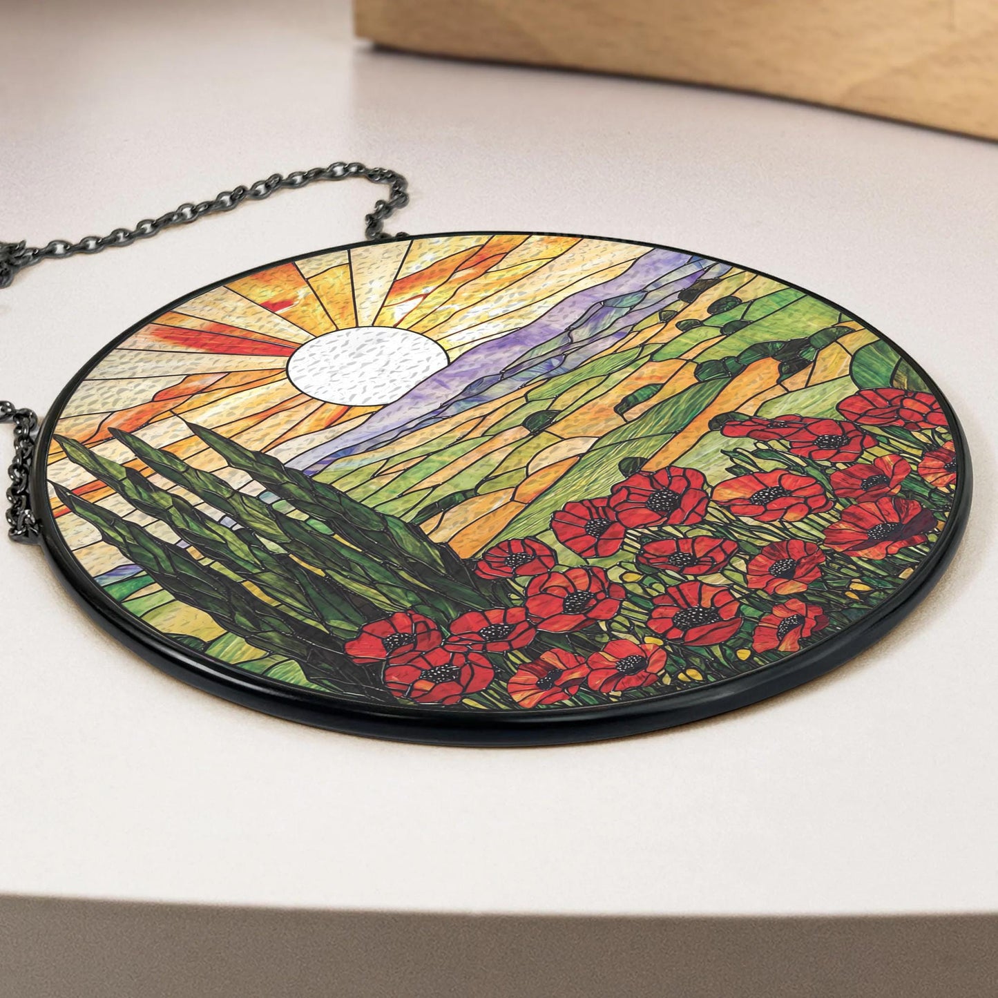 Handmade Poppy Field Suncatcher | Memorial Floral Decor | Wooden Peak