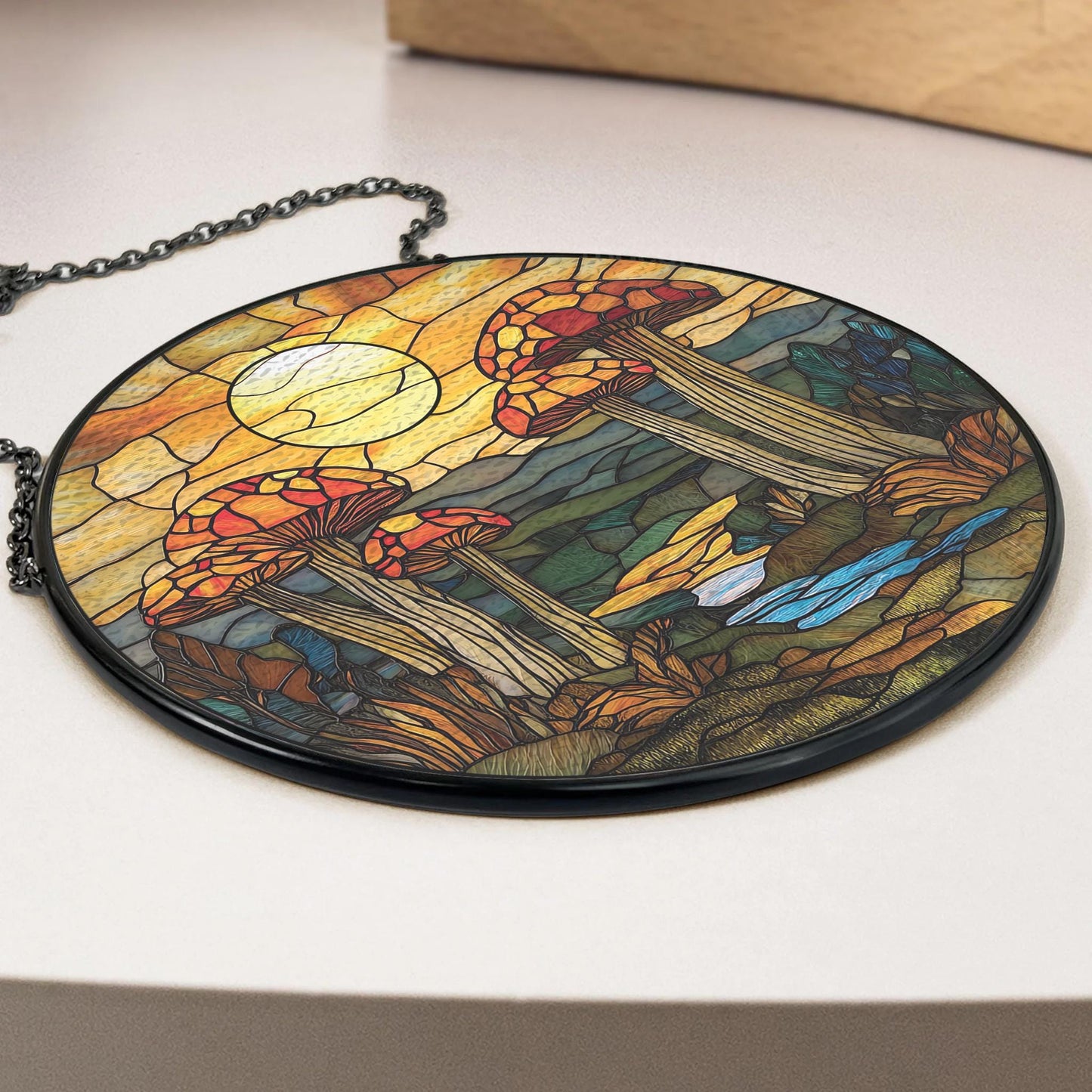 Handmade Sunset Forest Mushroom Suncatcher | Wooden Peak