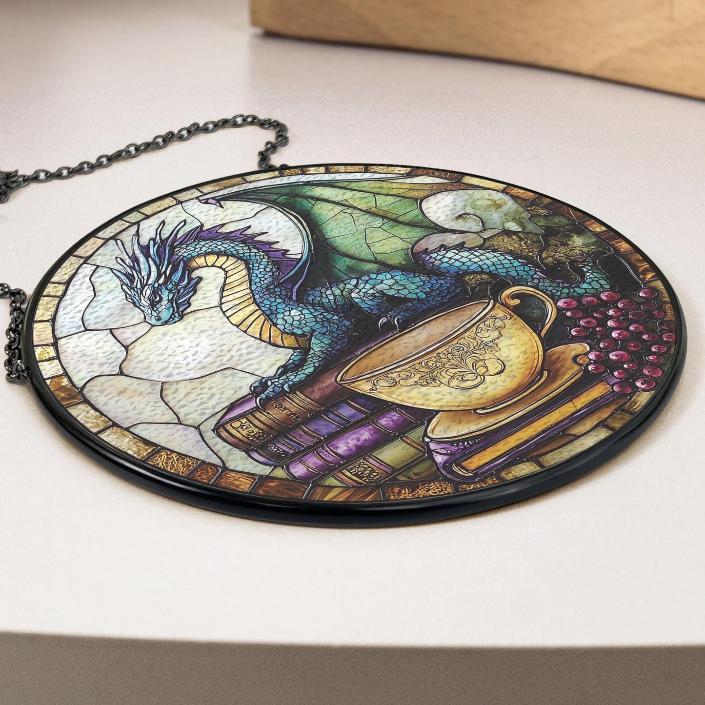 Handmade Fantasy Dragon Suncatcher | Mystical Window Art | Wooden Peak