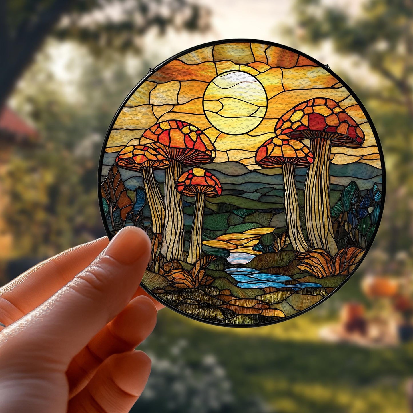 Handmade Sunset Forest Mushroom Suncatcher | Wooden Peak
