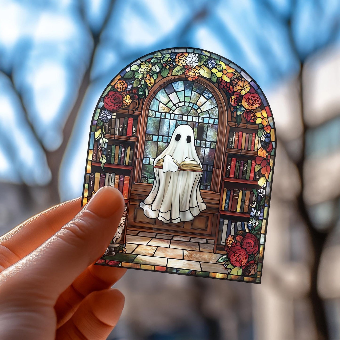 Handmade Ghost Reading Books Suncatcher | Wooden Peak