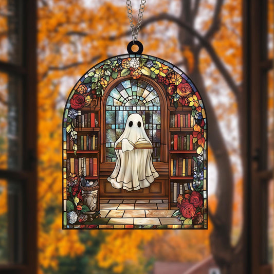 Handmade Ghost Reading Books Suncatcher | Wooden Peak