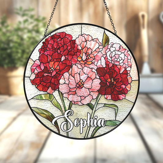 Handmade Custom Name Carnation Suncatcher | Birth Flower Gift | Wooden Peak